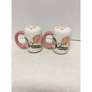 Waverly "Garden Room" Salt And Pepper Large Ceramic Shakers Pink Green Tulips